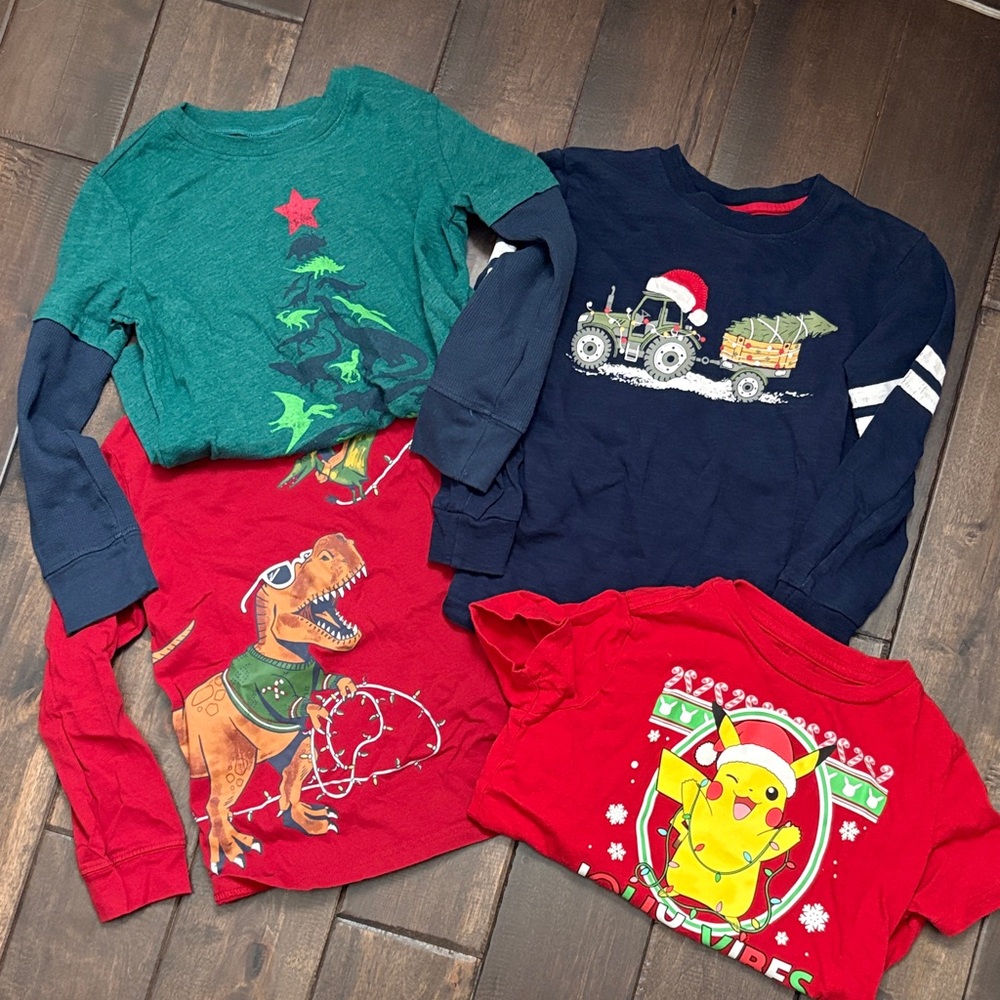 Kids Festive Christmas Graphic Long Sleeve Shirts - Trucks, dinosaurs, Pokemon
